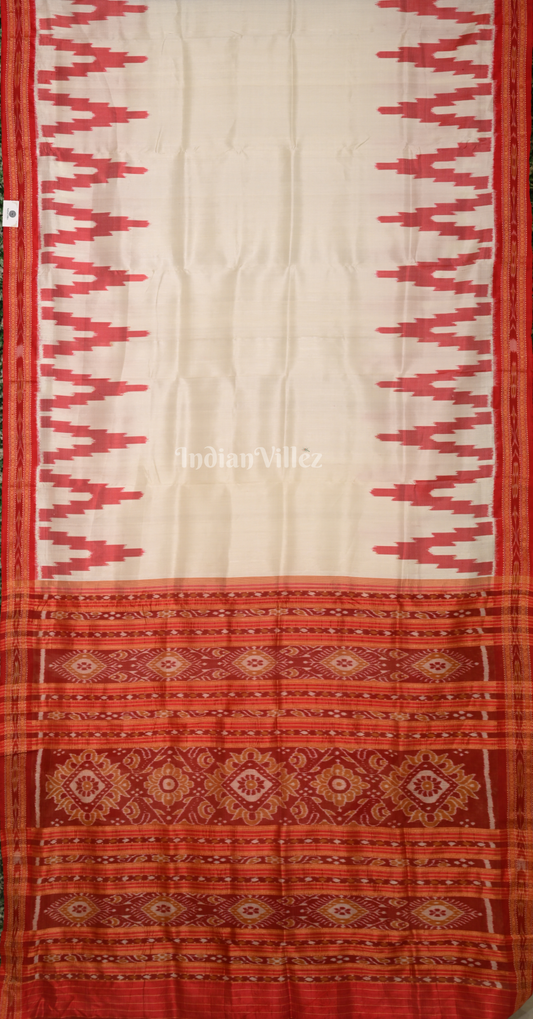 White Red Temple Border Odisha Ikat Khandua Silk Saree