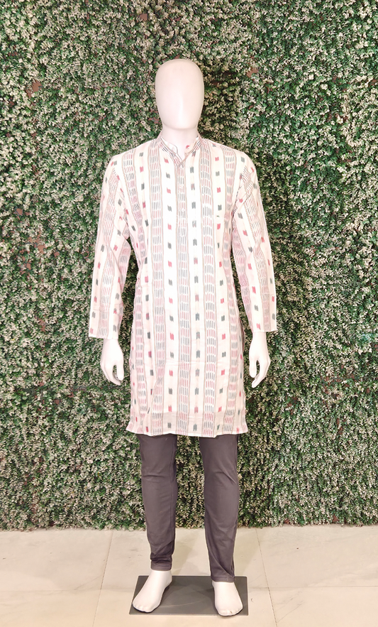 White Red Odisha Ikat Cotton Kurta for Men