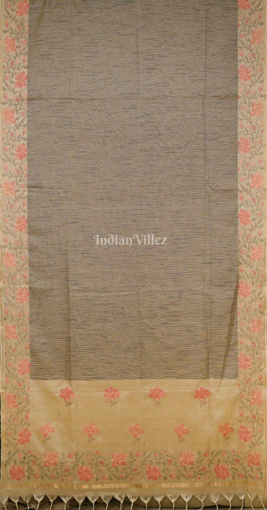 Dusty Brown Tusasr Silk Saree with Pink Floral Bird Embroidery Work