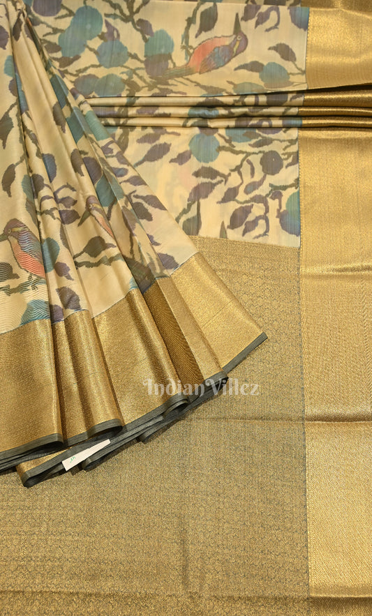 Cream Floral Digital Print Kanjivaram Silk Saree