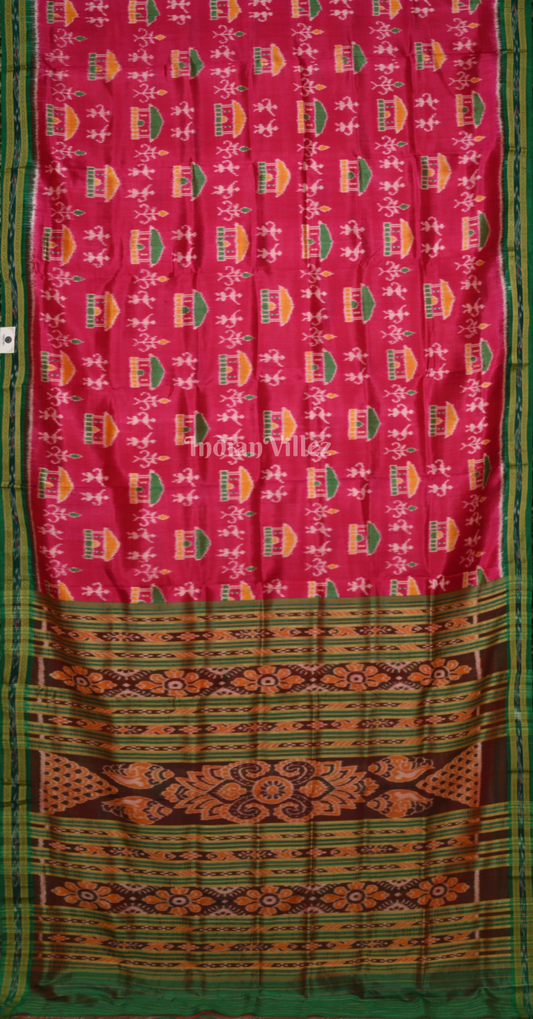 Rani Pink Green Tribal Theme Odisha Ikat Khandua Silk Saree