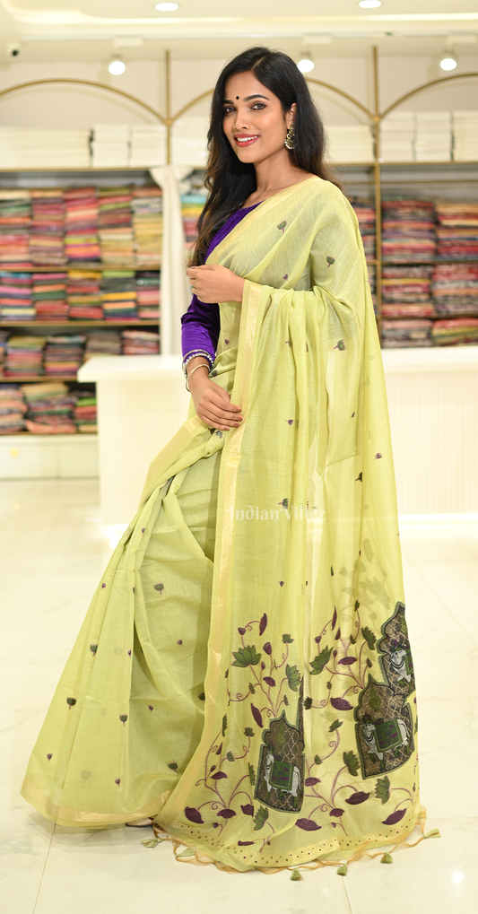Lemon Green Linen Cotton Pichwai Saree with Zari Border