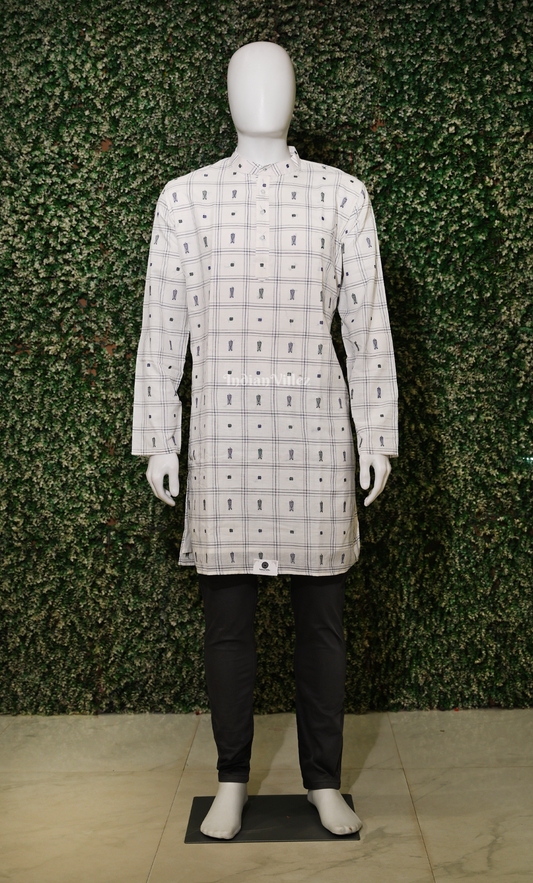 White Black Fish Motif Odisha Ikat Sambalpuri Cotton Kurta For Men