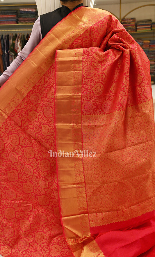Rust Red Ethnic Floral Brocade Pure Kanjivaram Silk Saree