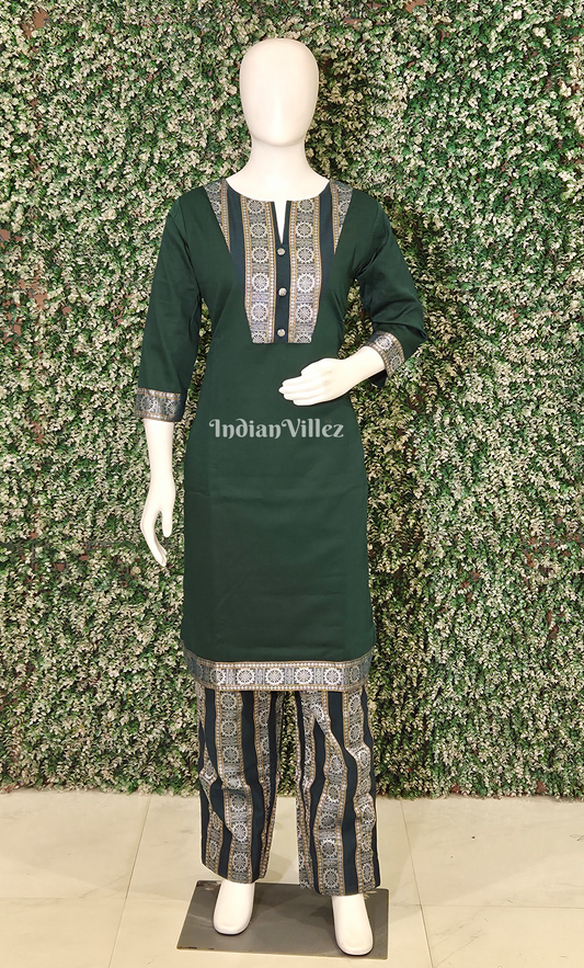Bottle Green Konark Chakra Odisha Ikat Designer Cotton Kurti Set with Pallazo