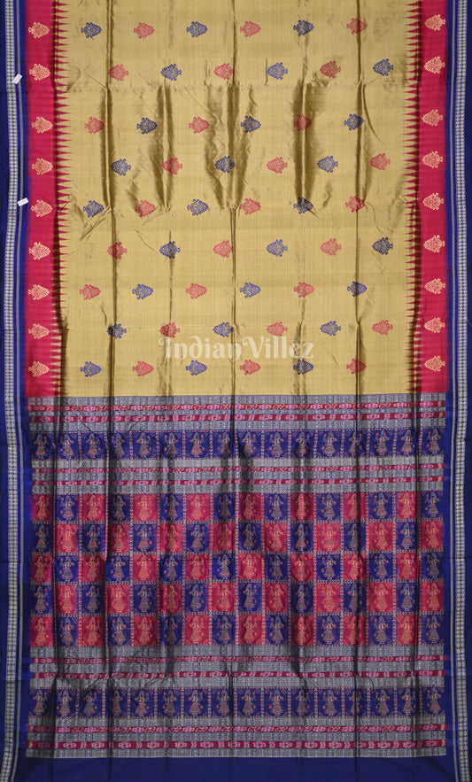 Beige Blue Odisha Ikat Bomkai Sambalpuri Silk Saree with Doll Aanchal