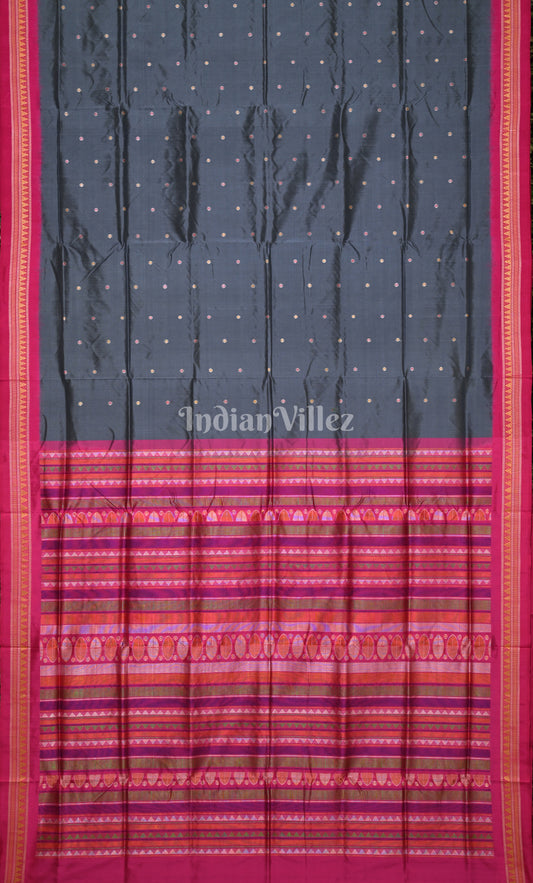Grey Pink Buti Design Odisha Ikat Contemporary Silk Saree with Dongaria Anchal