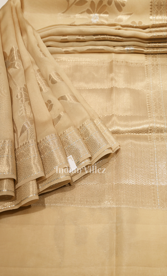 Beige Gold Pure Kora Organza Banarasi Tissue Saree