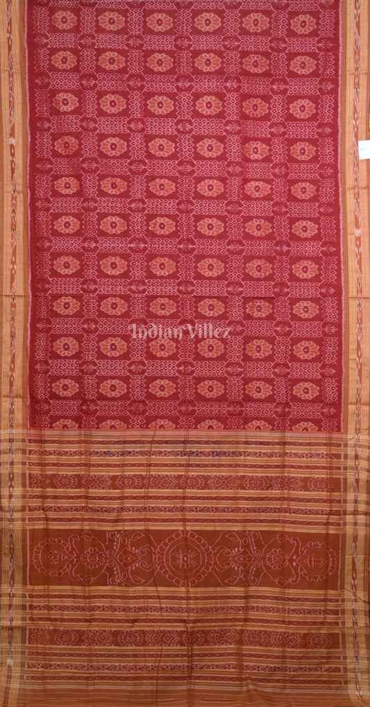Red Rust Orange Flower Motif Odisha Ikat Sambalpuri Cotton Saree