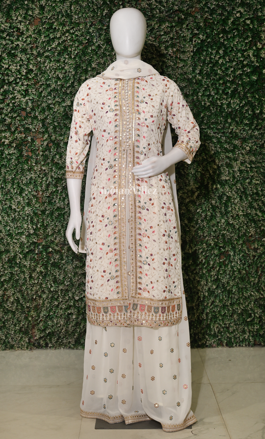 Off White Embroidered Kurta with Sharara Set & Dupatta