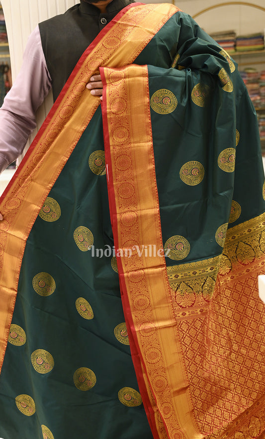 Bottle Green Red Zari woven Pure Kanjivaram Silk Saree