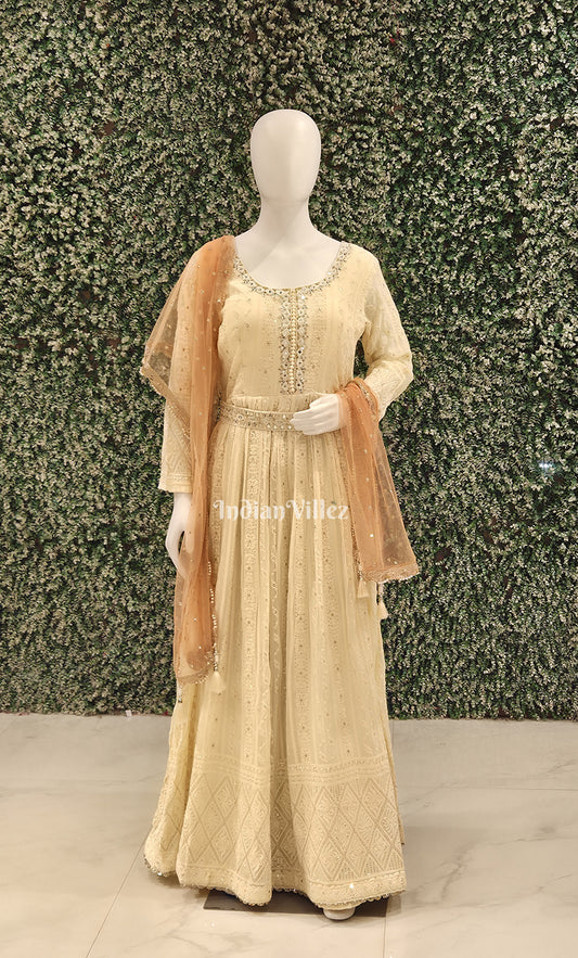 Designer Off white Thread Work Georgette Gown with Dupatta