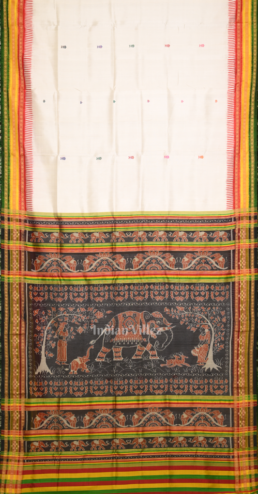 White Green Kathiphera Odisha Ikat Khandua Silk Saree with Elephant Motif Anchal
