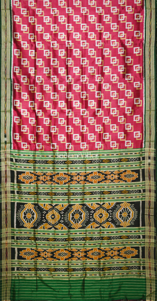 Red Green Geometric Motif Odisha Ikat Khandua Silk Saree