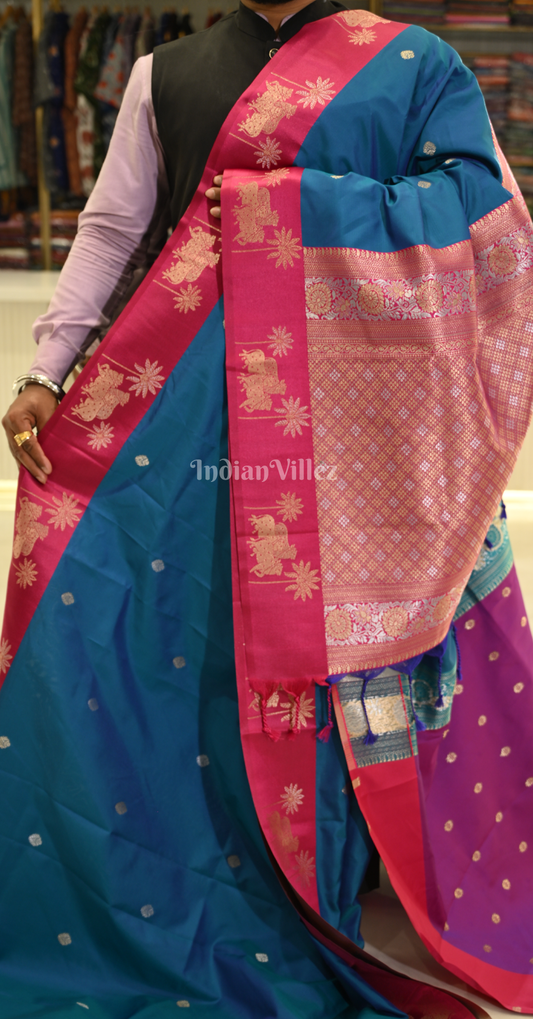 Peacock Blue Pink Soft Silk Floral Butta Saree