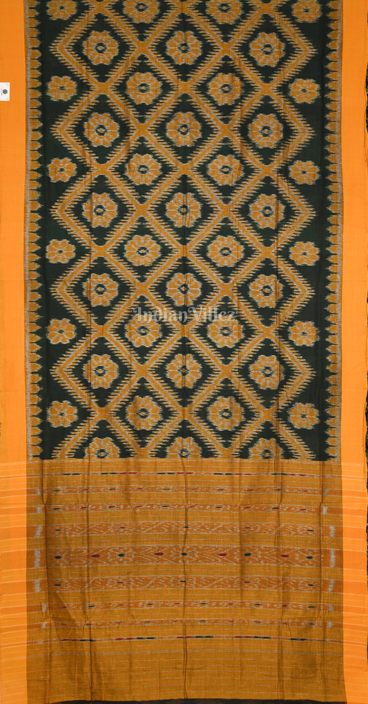 Bottle Green Yellow Bada Phula Odisha Ikat Maniabandha Cotton Saree