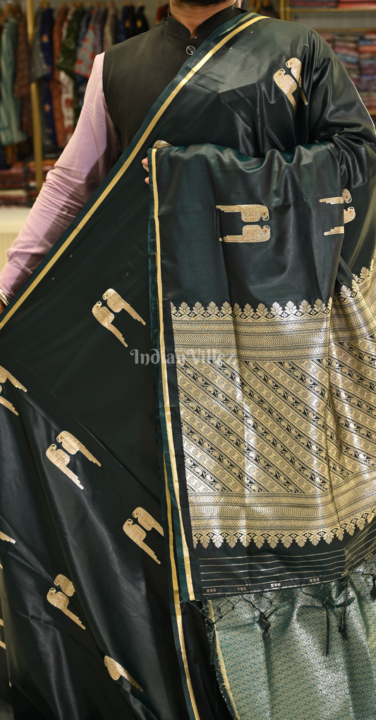 Bottle Green Mashru Satin Banarasi Silk Saree