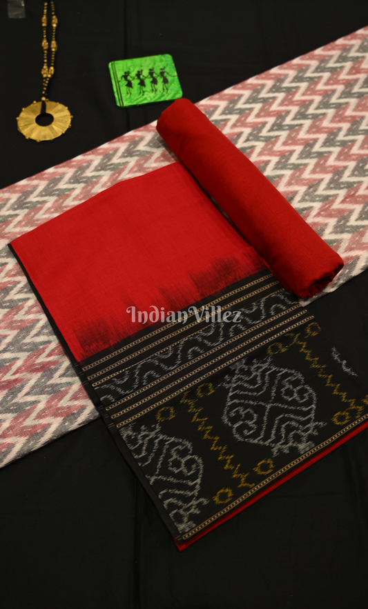 Off White Red Waves Design Odisha Ikat Sambalpuri Dress Set & Dupatta