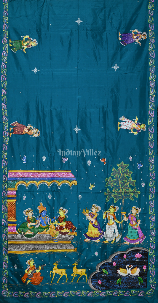 Peacock Blue Radha Krishna Raas Leela Hand-Painted Pattachitra Saree