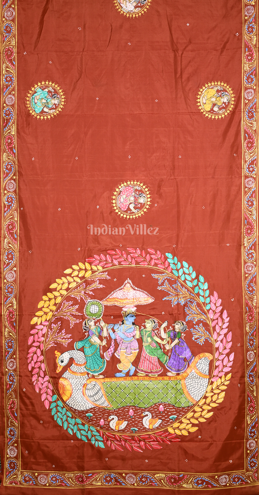 Brown Radha Krishna Boita Theme Pattachitra Saree