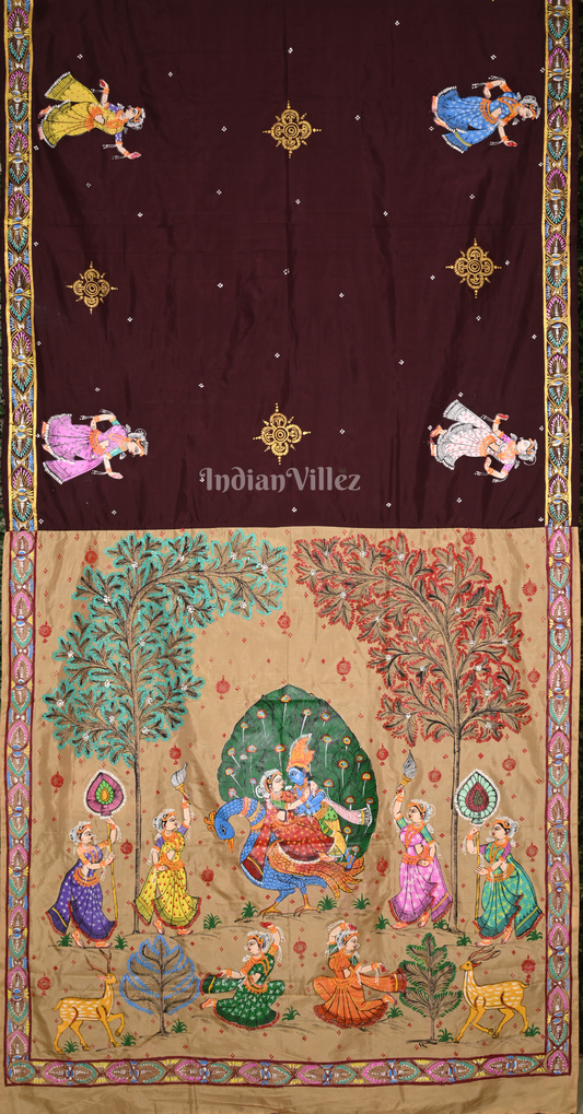 Coffee Beige Peacock (Mayur) & Nartaki Theme Hand-Painted Pattachitra Saree