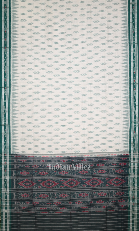 Off White Green Damru Pasapali Odisha Ikat Maniabandha Cotton Saree
