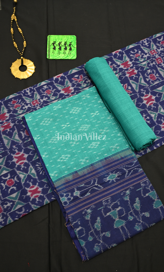 Navy Blue Sea Green Tribal Design Odisha Ikat Sambalpuri Dress Set & Dupatta