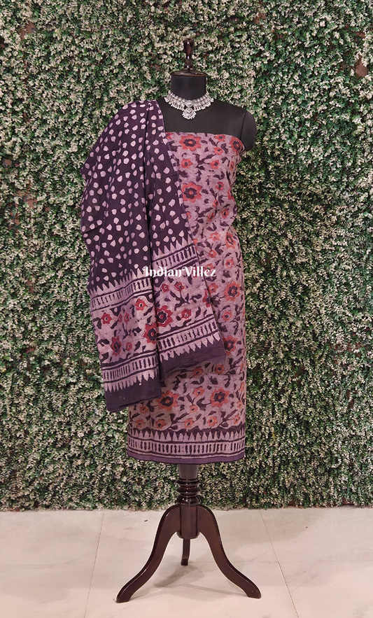 Dusty Lavender Grey Block Printed Chanderi Silk Suit Sets