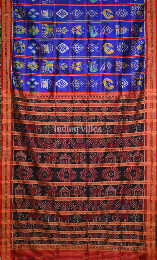 Blue Red Nabakothi Odisha Ikat Khandua Silk Saree