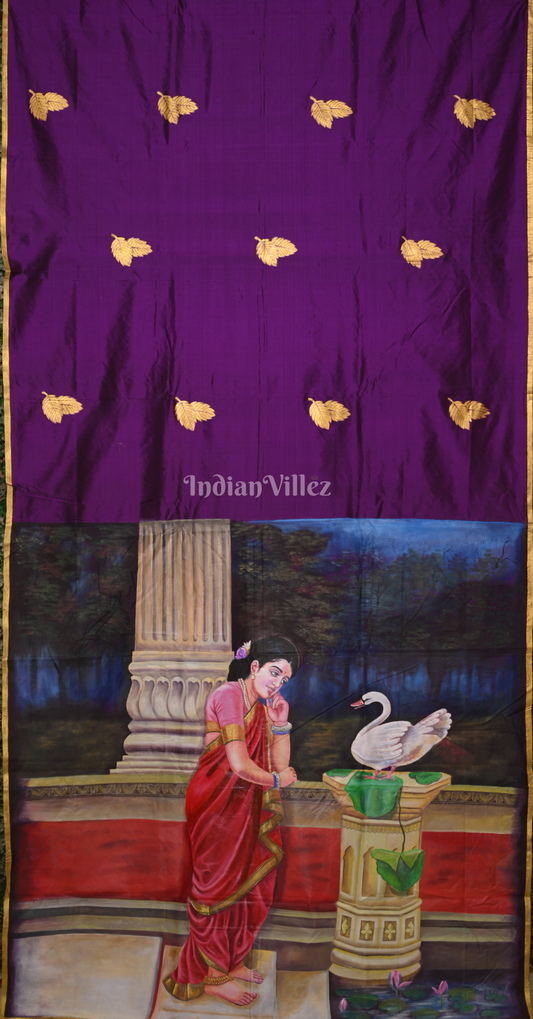 Purple Hamsa Damayanti and Swan Theme Hand-painted Pattachitra Saree