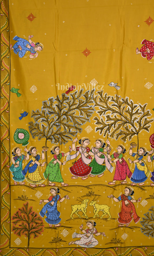 Yellow Raja Doli Theme Hand-Painted Pattachitra Saree