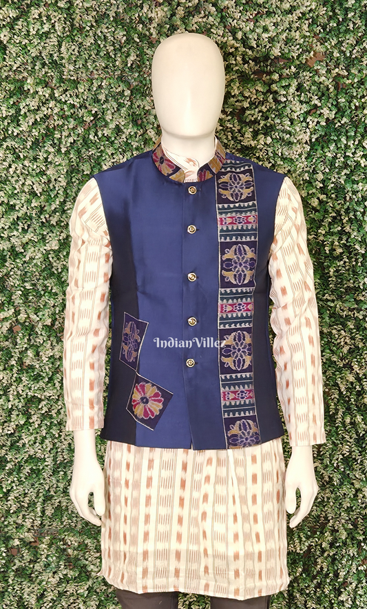 Blue Odisha Ikat Half Bandi Jacket for Men