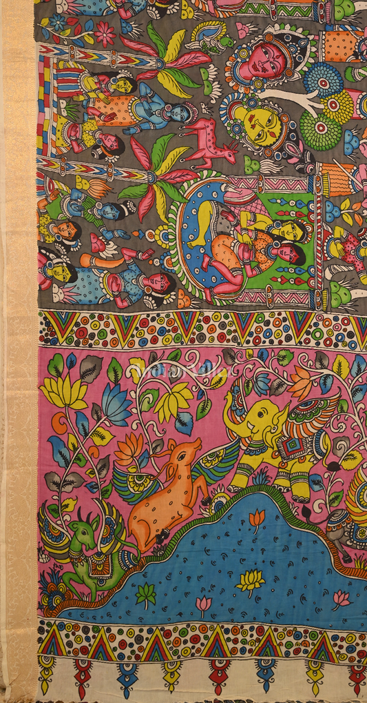 Multi Colour Hand-Painted Natural Dye Cotton Kalamkari Saree