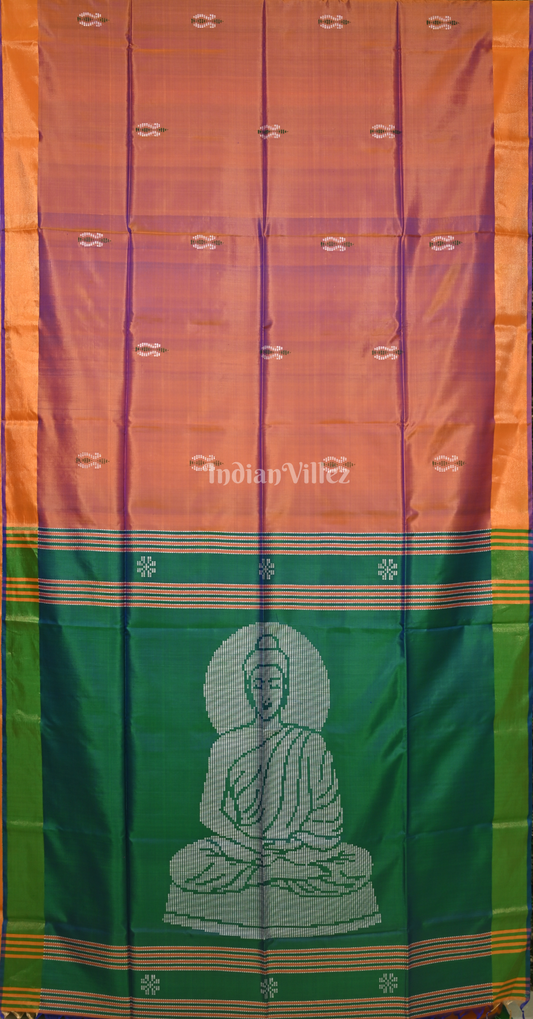 Rust Orange Green Pure Bishnupuri Silk Saree with Budha Tissue Anchal