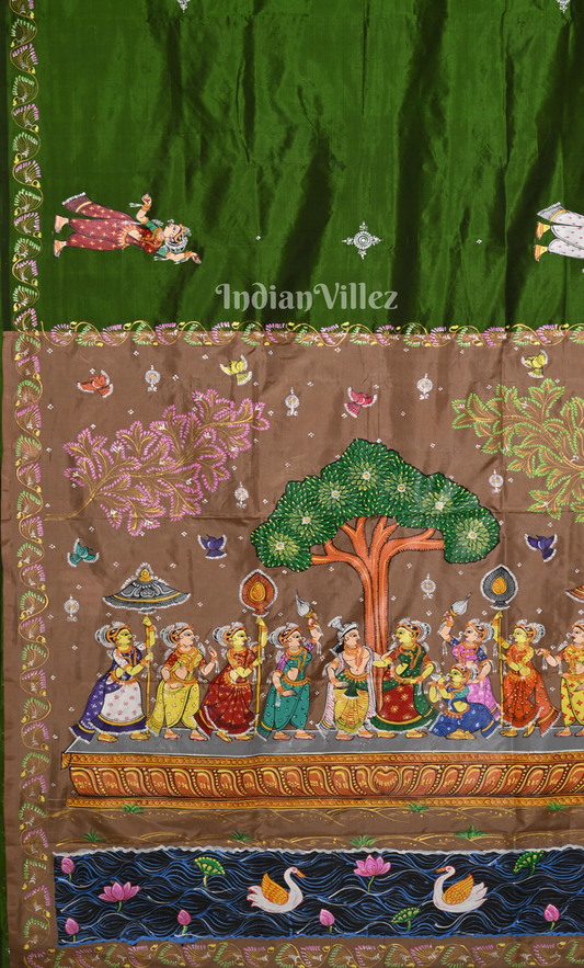 Green Beige Ramayan Theme Hand-painted Pattachitra Saree