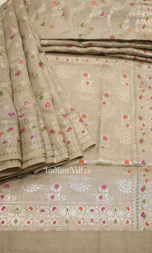 Grey Pure Chiniya Silk Banarasi Saree with Meenakari Weaving
