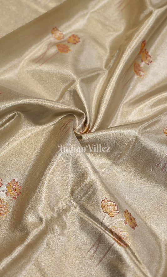 Beige Floral Pure Kanjivaram Tissue Silk Saree