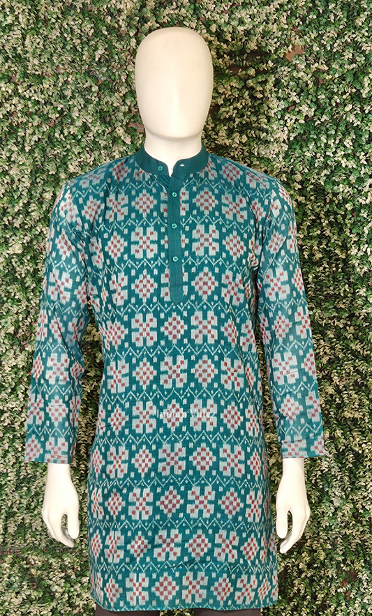 Teal Green Red Pasapali Flower Odisha Ikat Cotton Kurta for Men