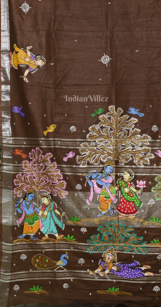 Brown Krishna Raas Leela Hand-Painted Pattachitra Saree (Linen)