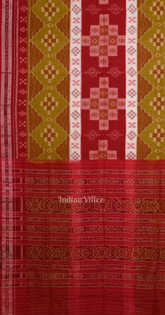 Mehendi Green Red Pasapli Triple Layer Odisha Ikat Sambalpuri Cotton Saree
