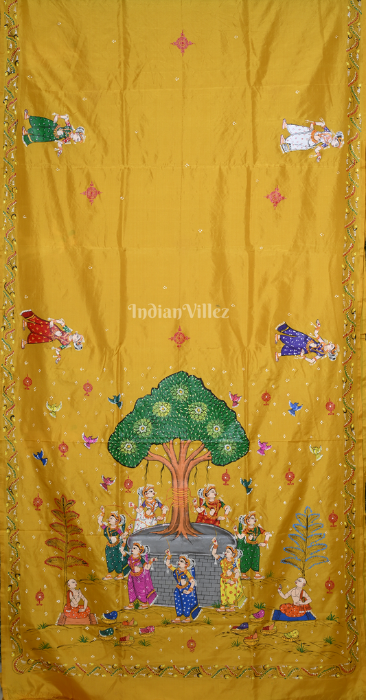 Mustard Yellow Vat Savitri Theme Hand-Painted Pattachitra Saree