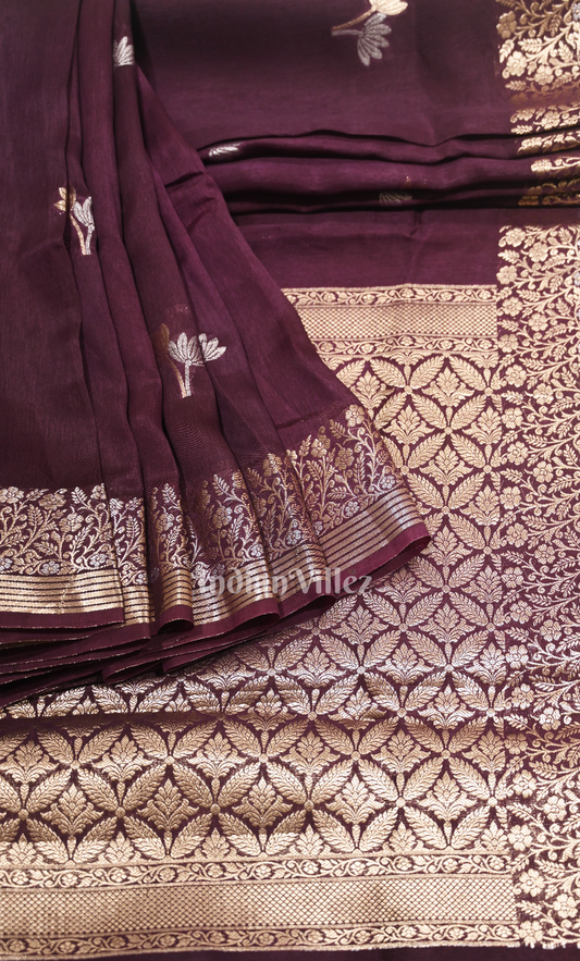 Exclusive Bridal Wine Pure Pure Chiniya Silk Banarasi Saree with Meenakari Weaving