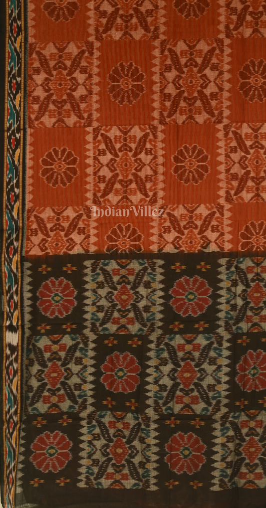 Brick Red Black Computer Theme Odisha Ikat Maniabandha Cotton Saree