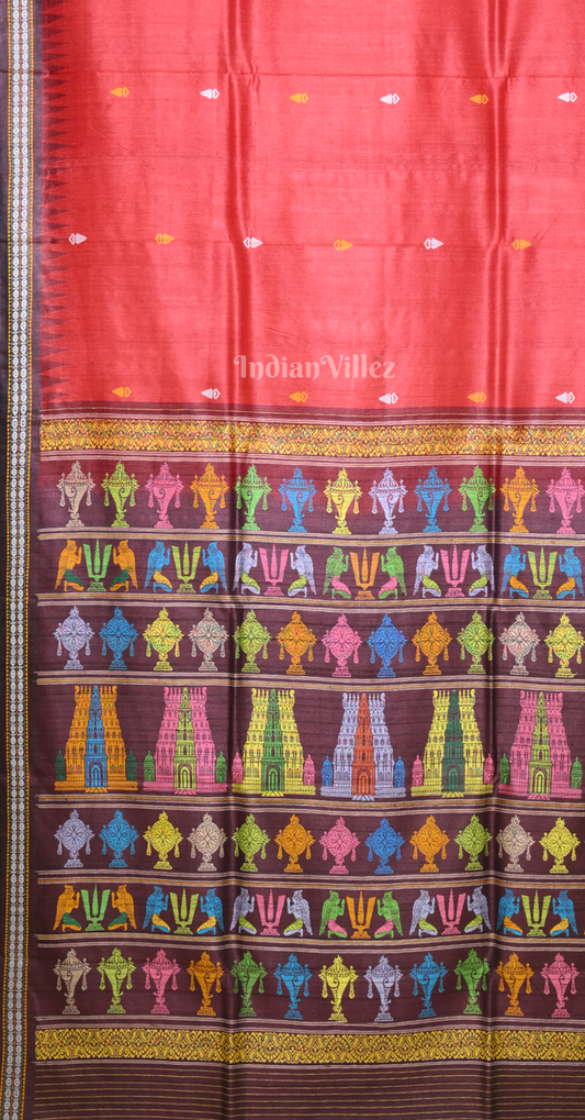 Red Maroon Tirupati Temple Theme Gopalpur Tussar Silk Saree