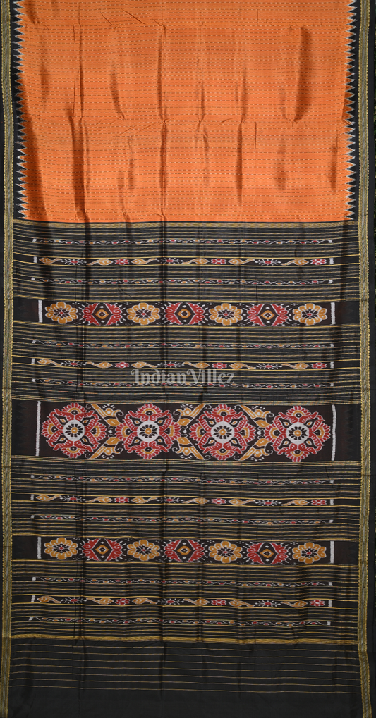 Orange Black Stripped Odisha Ikat Khandua Silk Saree