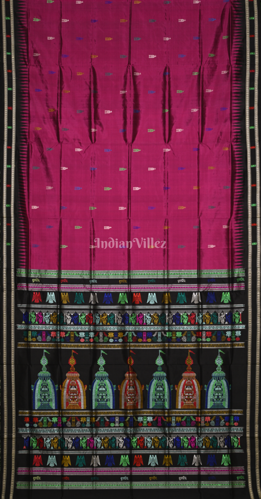 Magenta Pink Black Shree Mandir Theme Bomkai Sambalpuri Silk Saree