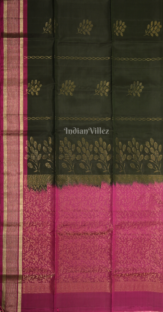 Bottle Green Pink Floral Zari Pure Kanjivaram Soft Silk Saree