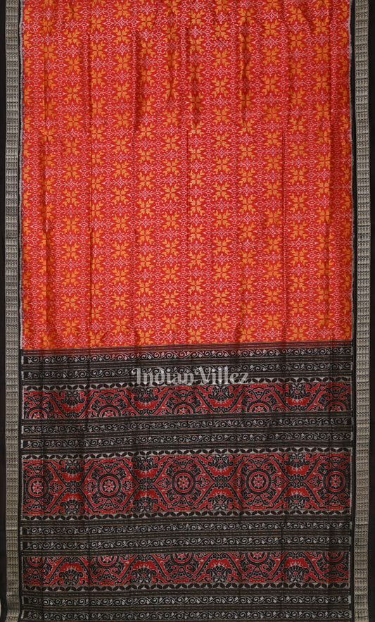 Red Black Flower Motif Odisha Ikat Sambalpuri Silk Saree