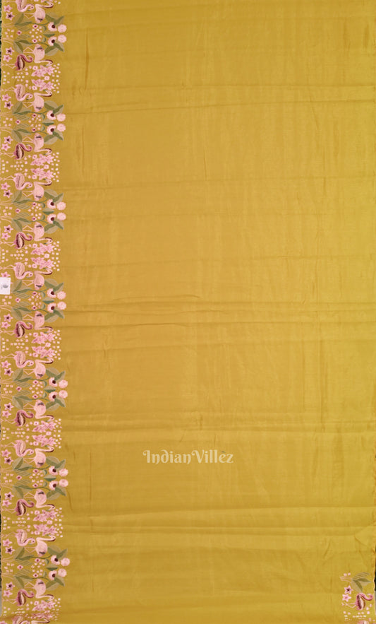Yellow Mirror Tussar Silk Saree With Floral Hand Embroidery