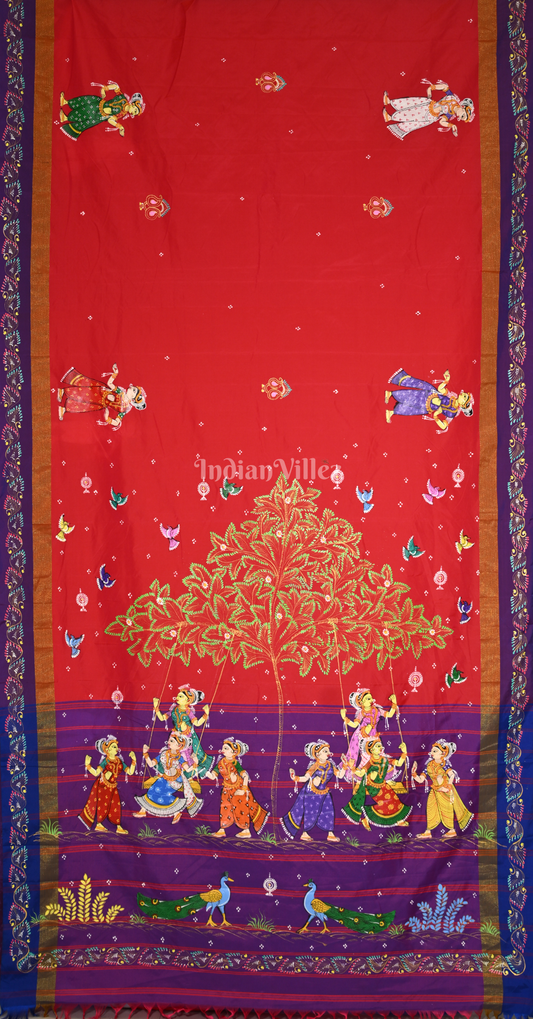 Red Purple Raja Doli Theme Hand-Painted Pattachitra Saree